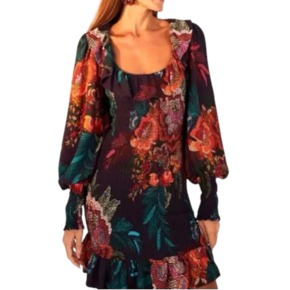 FARM Rio Dresses & Skirts - Farm Rio Flower Scarves Long Sleeve Mini Dress -Navy Multicolor Print - Medium